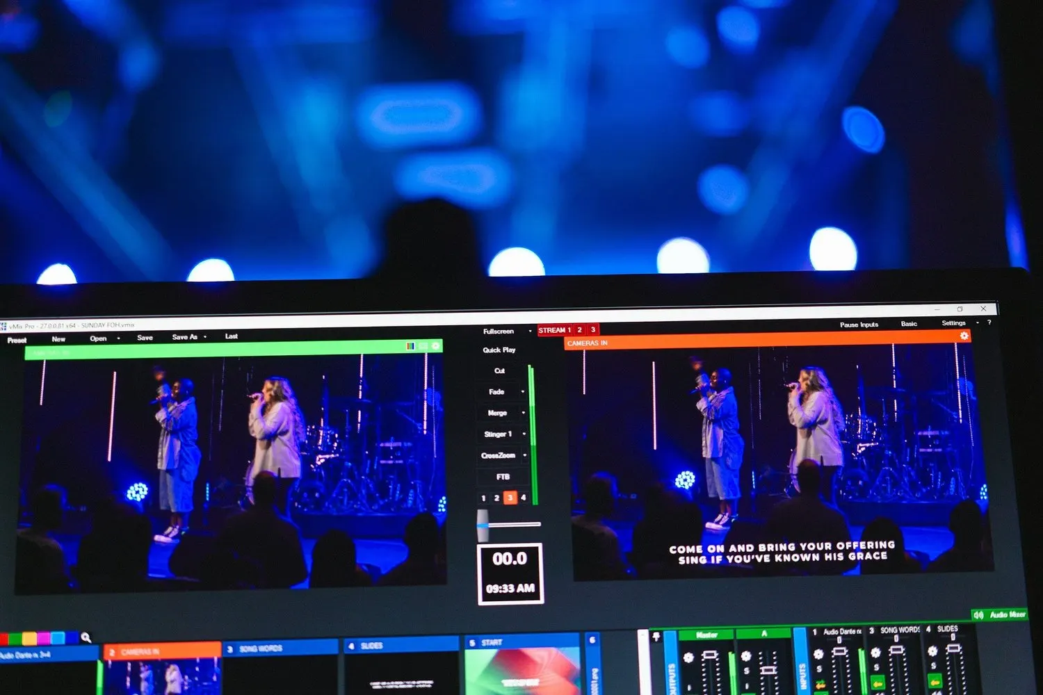 Live church worship production displayed on a video mixing screen.