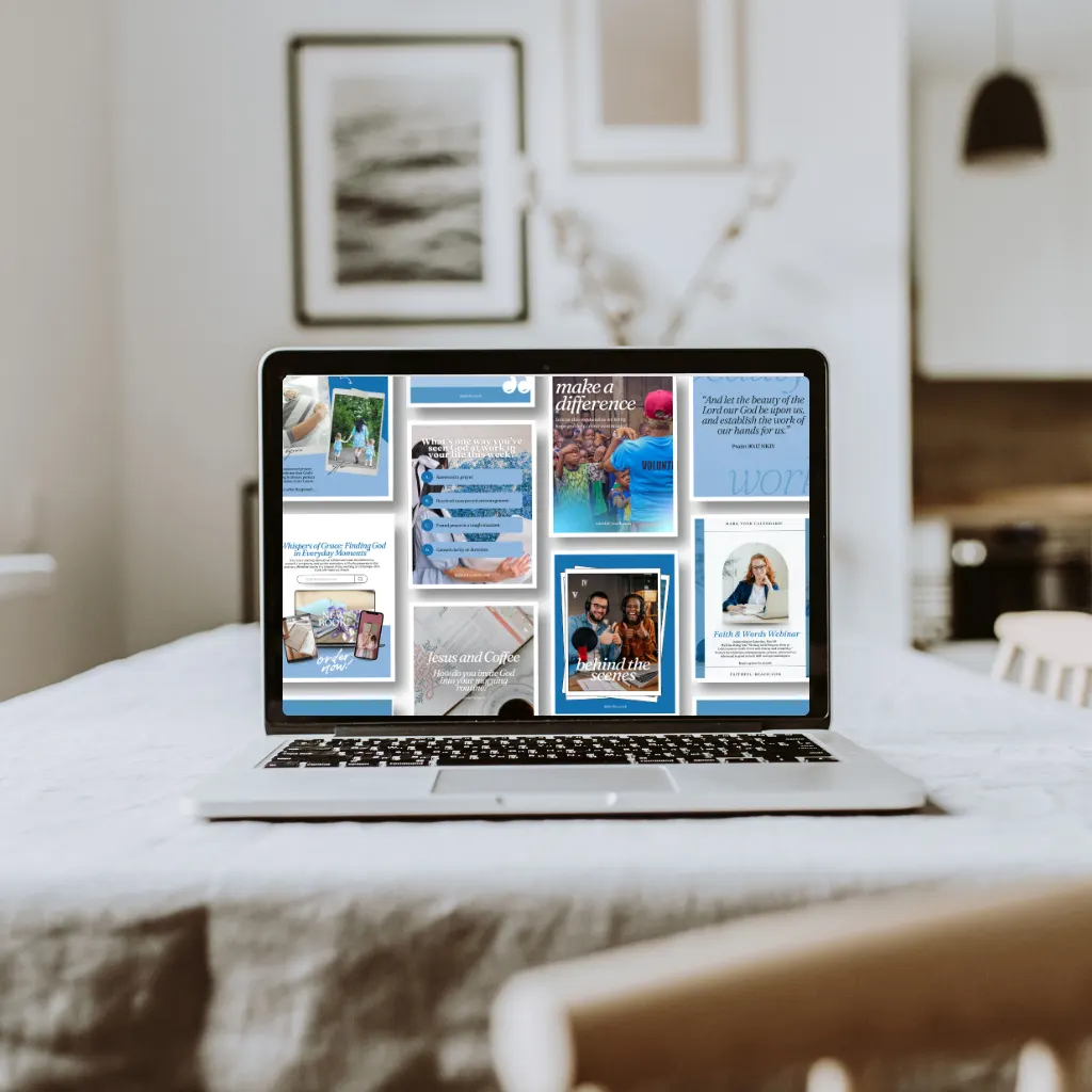 Laptop displaying a collection of social media and ministry content designs.
