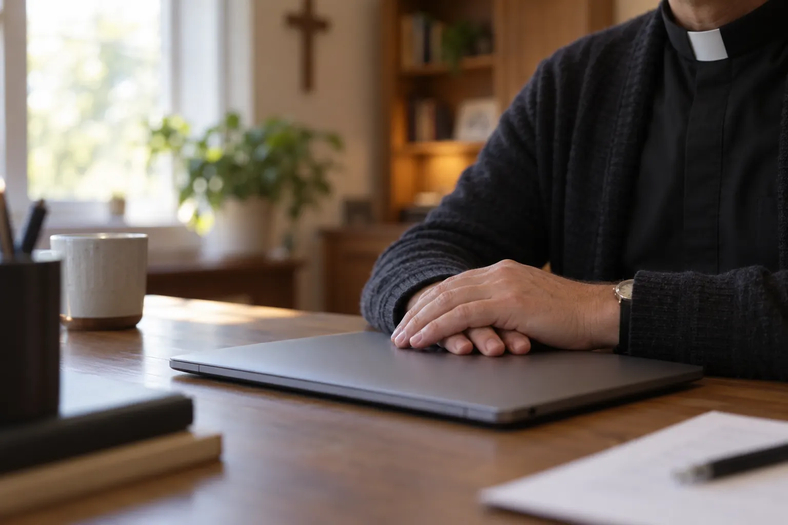 Hands resting on a laptop at a desk