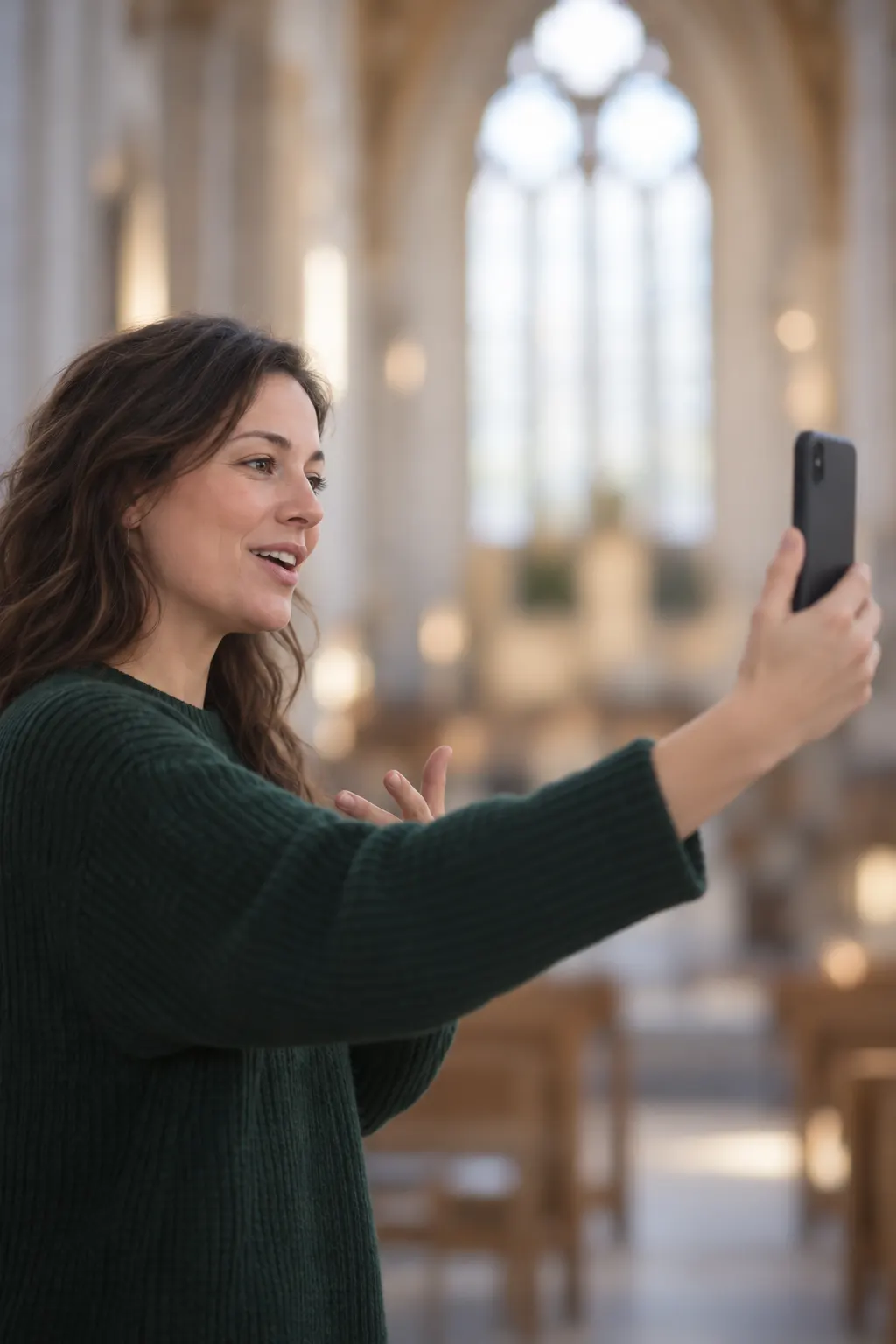 A ministry communicator recording a short video message on her phone